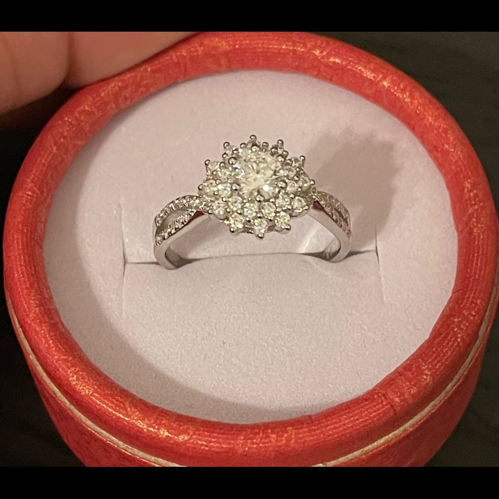 Sterling Silver Moissanite White Flower Engagement Ring - Picture 6 of 10